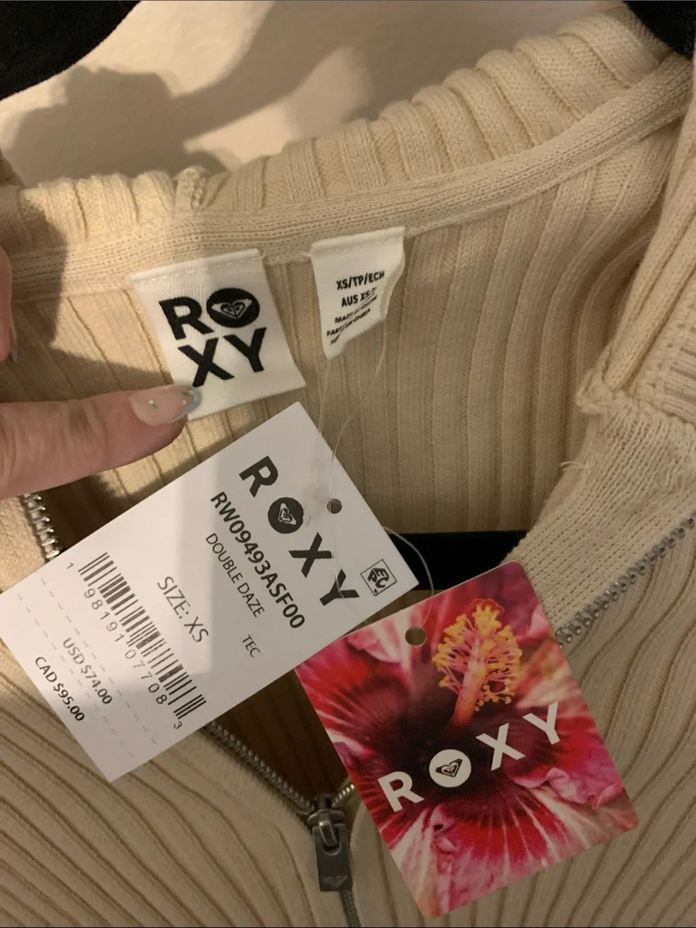 Roxy Ribbed Zip Hoodie in Cream - Picture 2 of 12